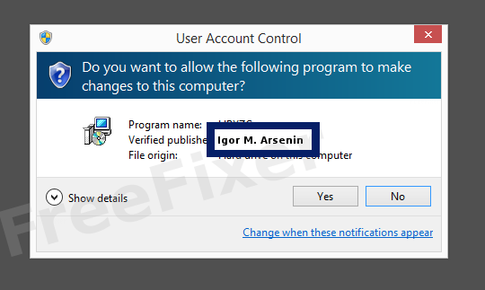 Screenshot where Igor M. Arsenin appears as the verified publisher in the UAC dialog